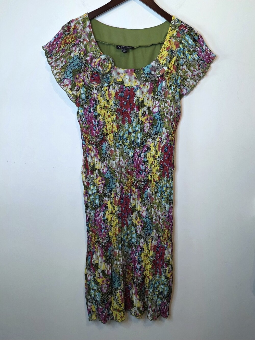 K Studio Collection Crinkle Pleated Floral Midi Dress Stretch Sz 14 Vintage Y2K